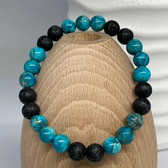 Hand Crafted Jewelry - 𝅺Stretch Beaded Bracelet Cyan Blue Turquoise and Lava Stone Beads
